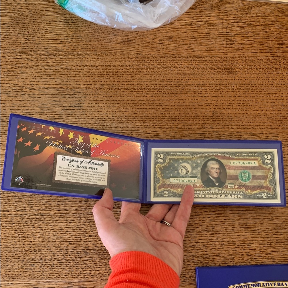 Thomas Jefferson colorized $2 bill set in protective plastic